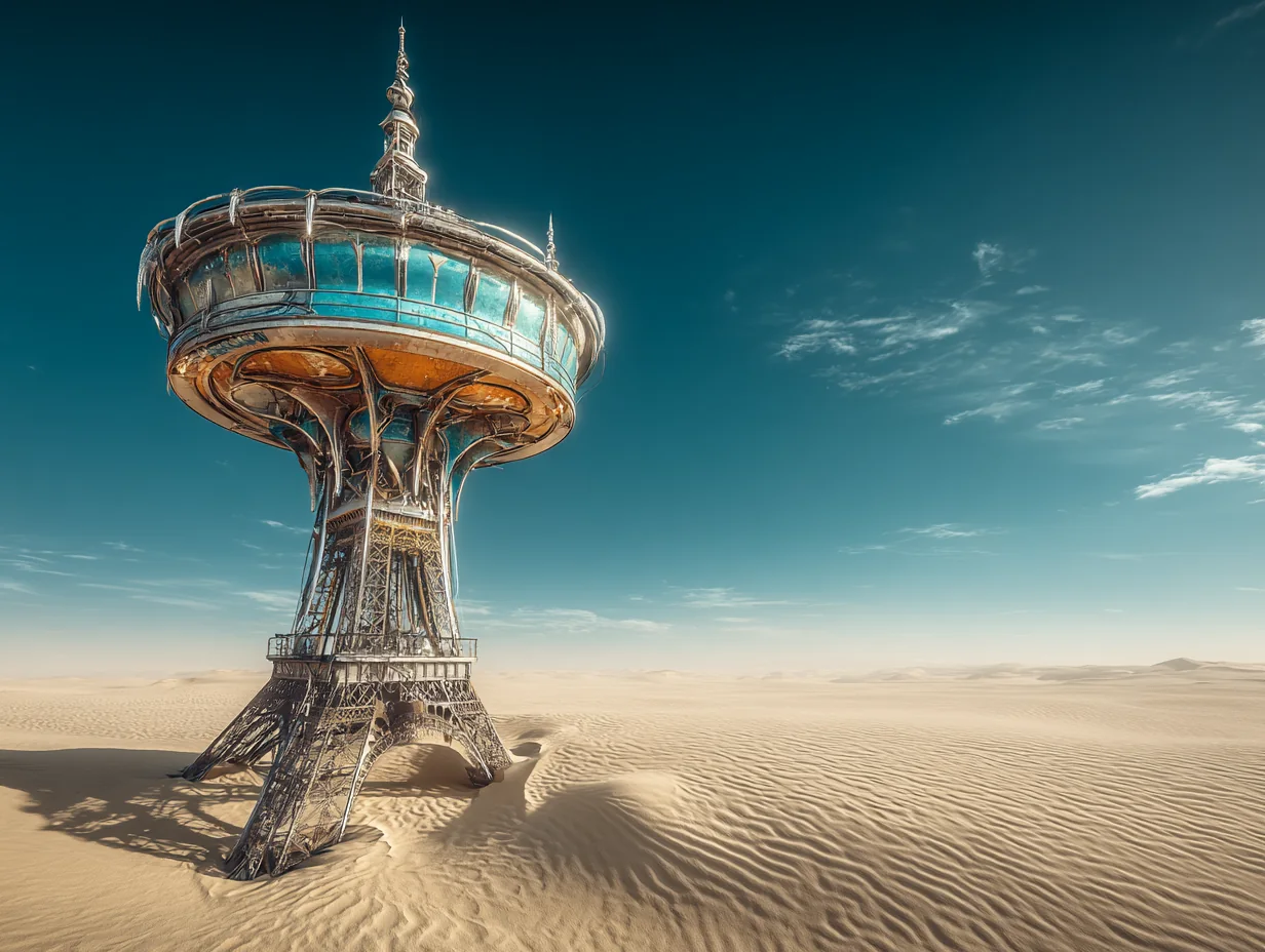 Monumentale futuristische Struktur in einer hellen Wüste