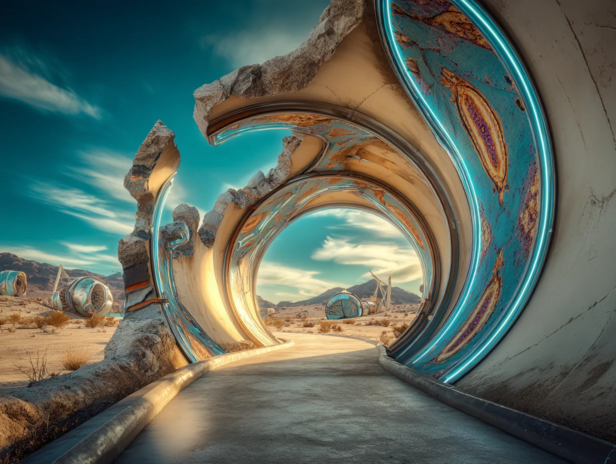 Organische futuristische Pipeline-Architektur in einer Wüstenlandschaft
