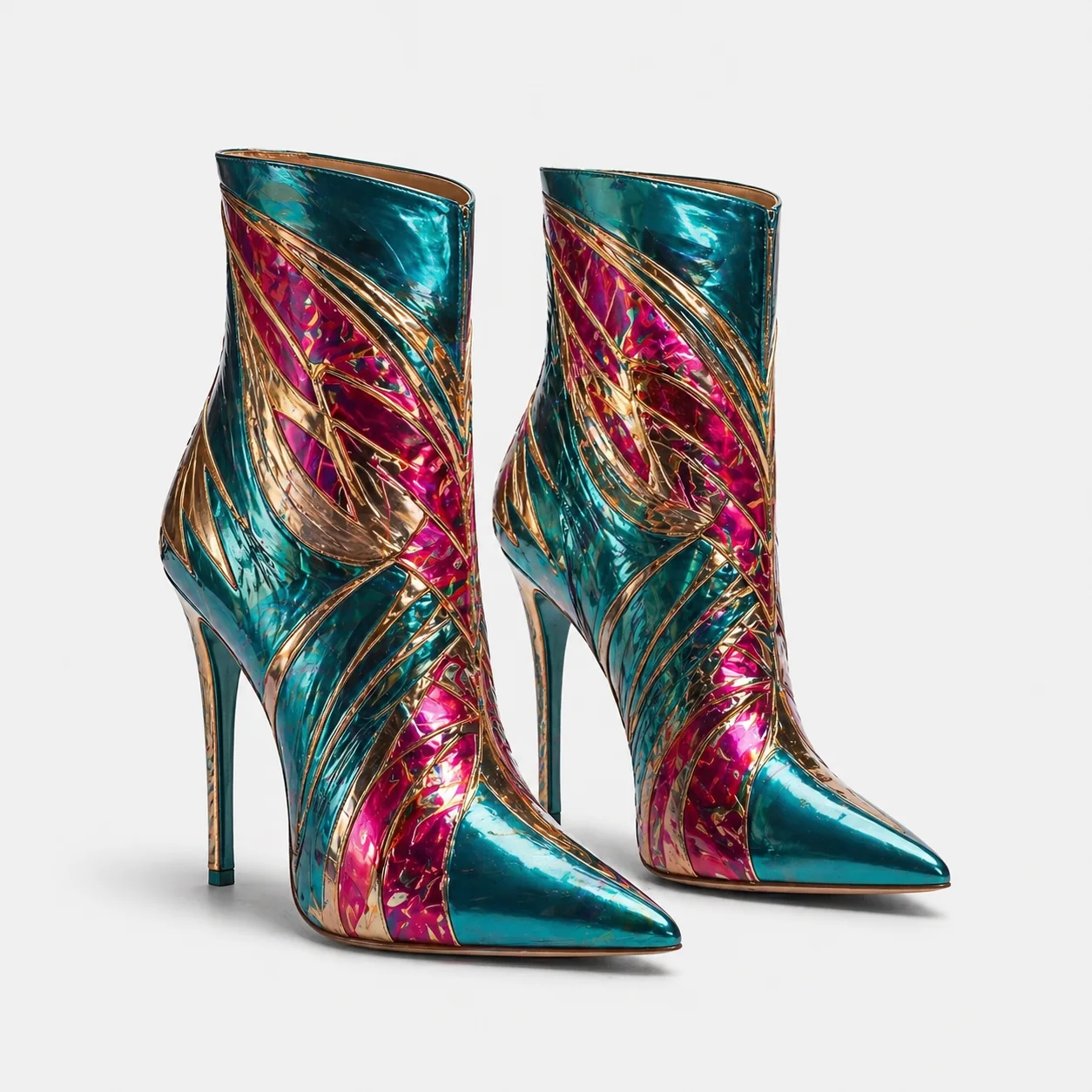 Konzeptionelle Electric-Teal-Stiefeletten mit pink-goldenem Muster