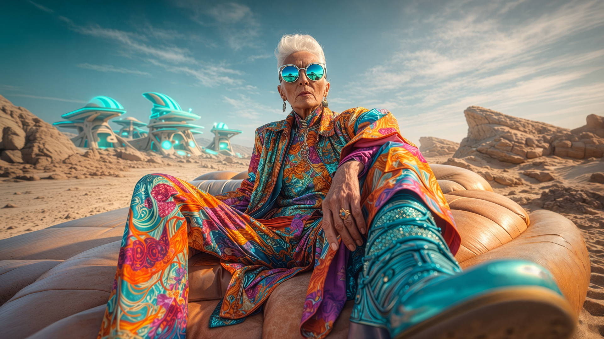MAD MAXIME seated in the Electric Desert, wearing psychedelic pattern outfit