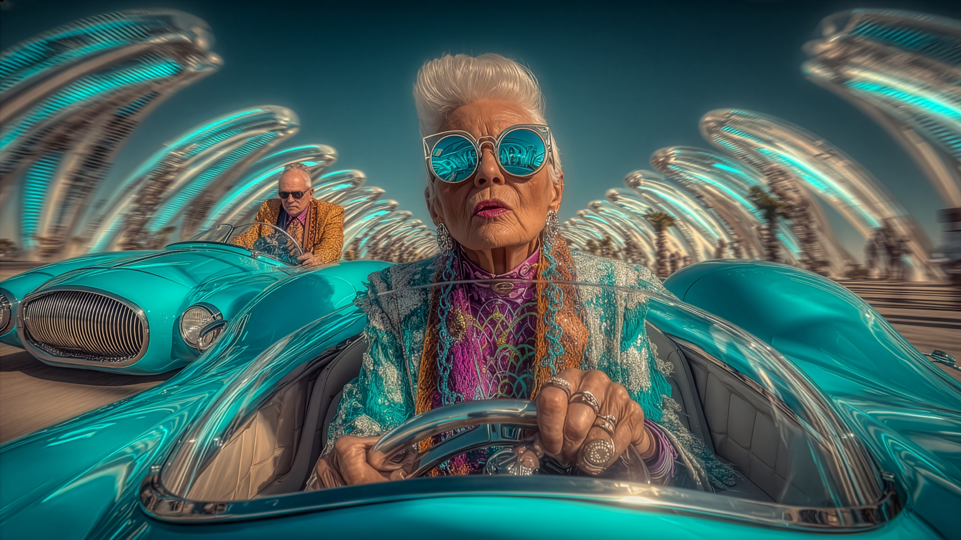 MAD MAXIME behind the wheel of a retro-futuristic Electric Teal vehicle